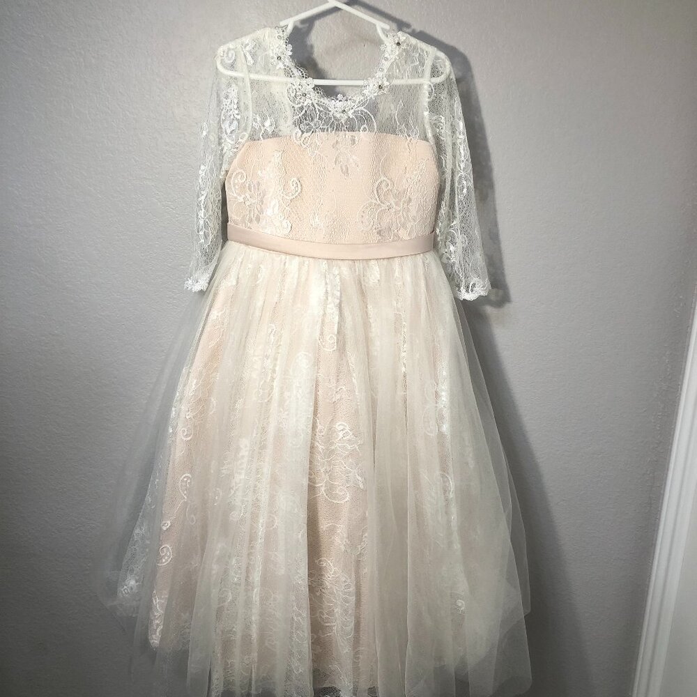 Girls' Lace Tulle Formal Dress in Blush with Illusion Sleeves